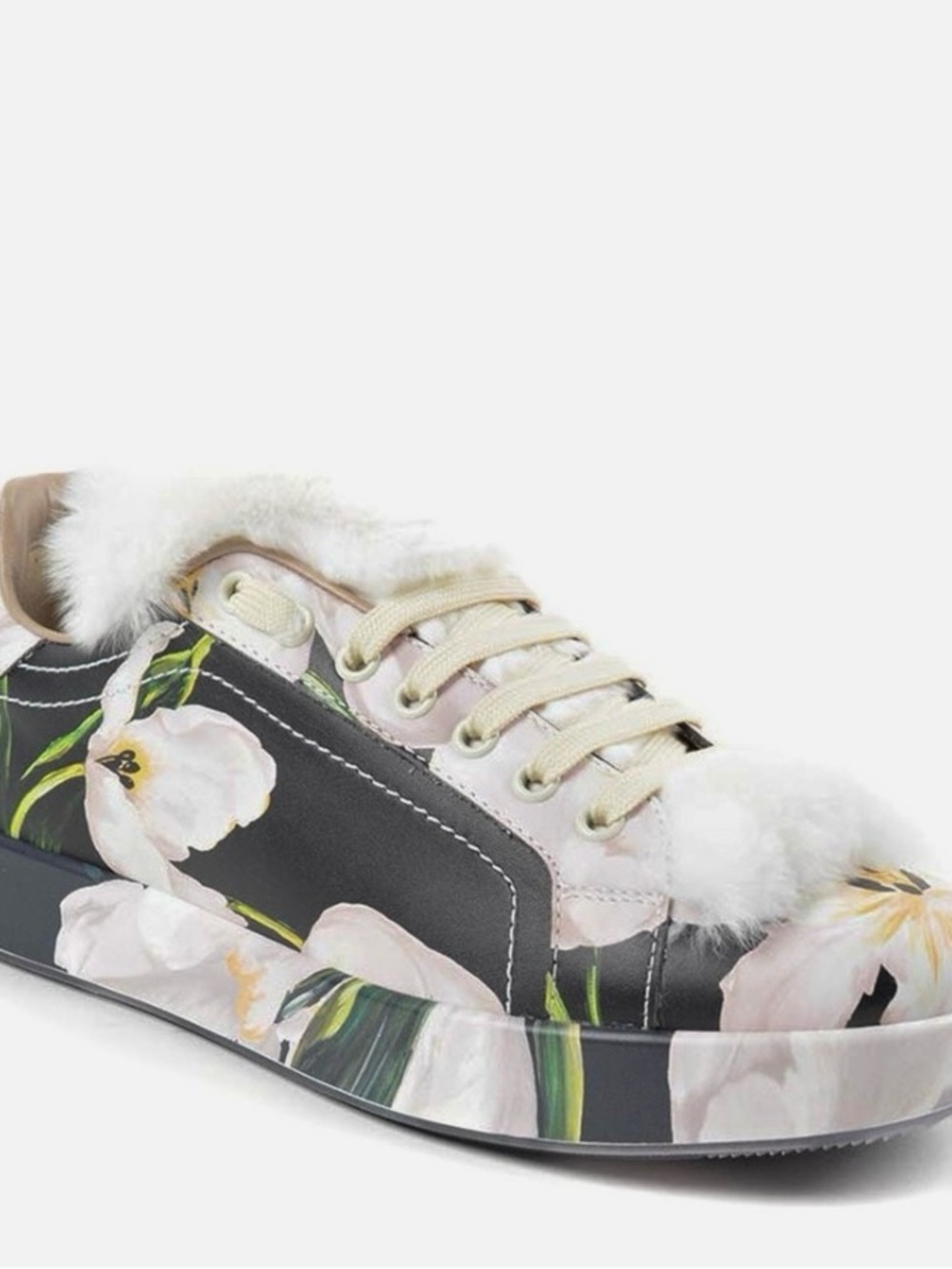 Dolce & Gabbana Black and Pink Floral Faux-Fur Trim Sneaker
